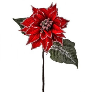 24" VELVET ICED GLITTER POINSETTIA STEM RED