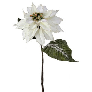 24" VELVET ICED GLITTER POINSETTIA STEM WHITE