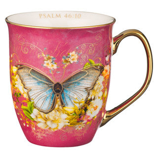 Be Still Pink Butterfly Ceramic Coffee Mug, Psalm 46:10