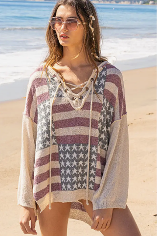 Oversize Americana Tie Front  Hooded Pullover Sweater