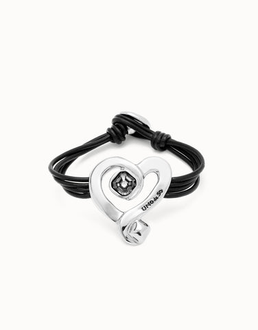 Leather bracelet with sterling silver-plated heart and black crystal