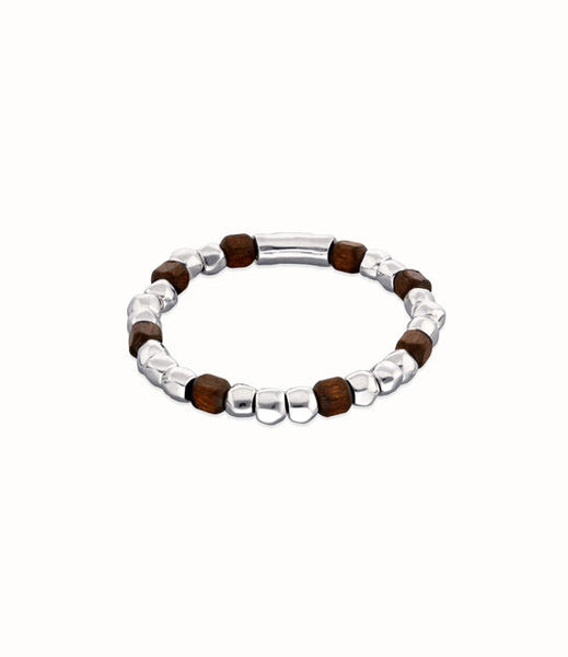 Stretch bracelet with silver and wooden beads