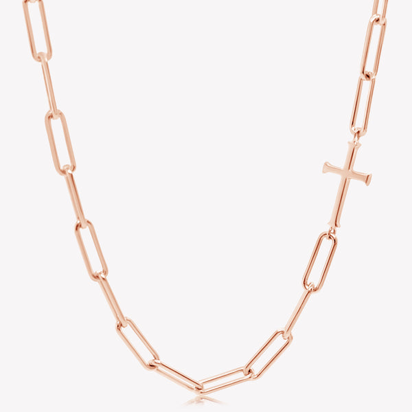 Rizen Jewelry Chain Breaker necklace in 18kt rose gold.  Elegant Cross Pendant breaks up the paper clip link chain with classic lobster clasp  closure. 
