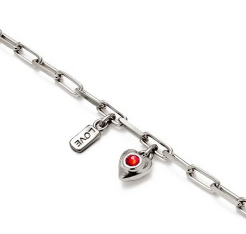 SER UNICO EXCLUSIVE Silver Chain Link Heart Charm Red Stone Bracelet Medium