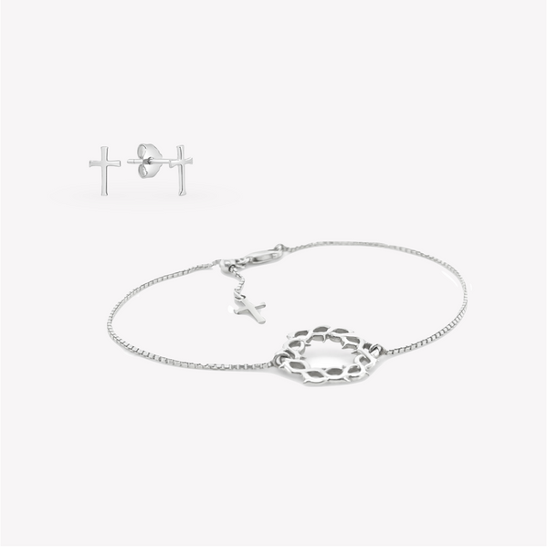 Faith inspired Mini Cross Stud Earrings and Crown of Thorns Bracelet Set in sterling silver by Rizen Jewelry.