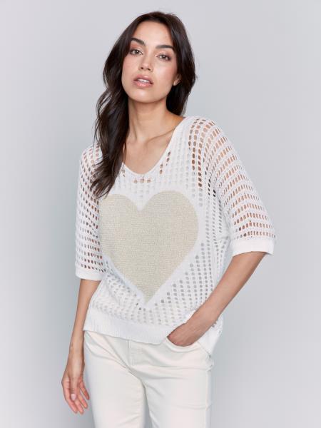 Fishnet V-Neck 3/4 Dolman Sleeve Sweater With Lurex Heart