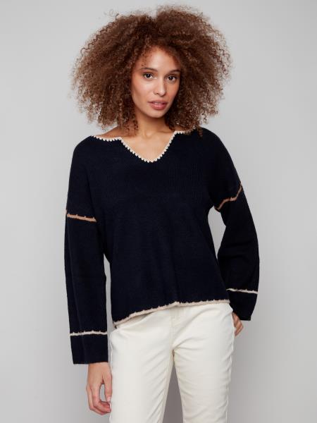 Notched Neck Rib Embroidered Back Sweater