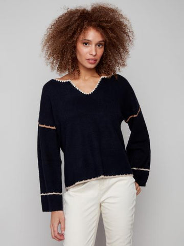 Notched Neck Rib Embroidered Back Sweater