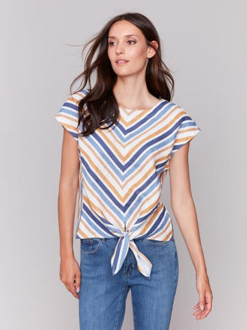 Striped Cap Sleeve Round Neck Front Tie Top