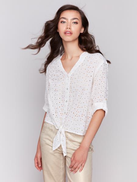 Printed Long Sleeve Eyelet Button Down Front Tie Blouse