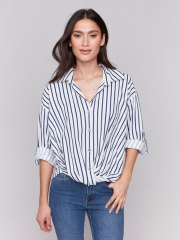 Striped Roll Up Long Sleeves Blouse With Front Twist