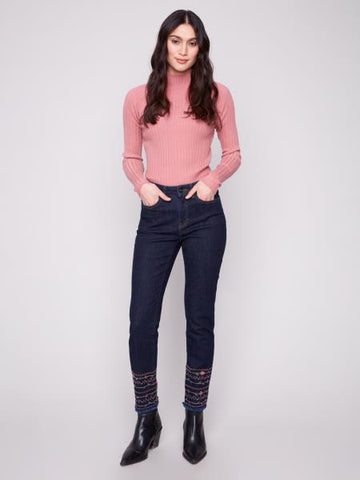Hem Embroidered Slim Leg 5 Pocket Stretch Denim Pant