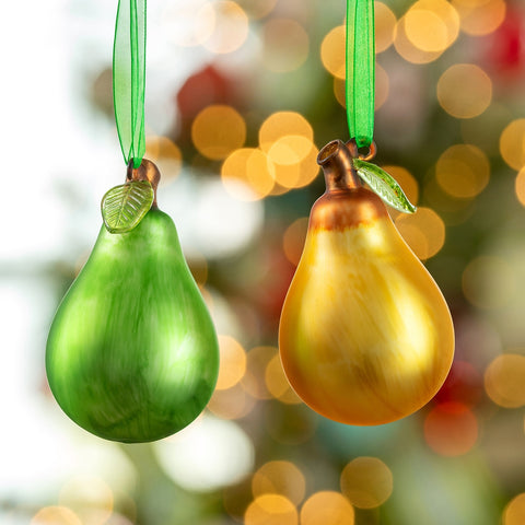 Pear with Leaf Glass Ball Ornament, 2 Assorted Styles