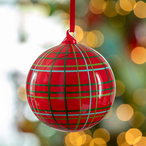 Hand Blown Plaid Glass Ball Ornament