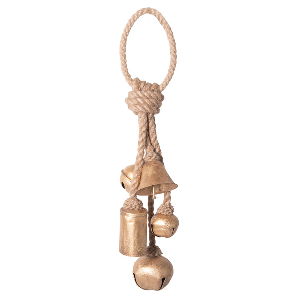 13"H Metal Bells on JuteHanger, Gold Finish