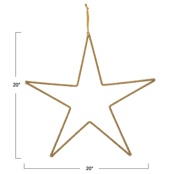 20"W x 20"H Hanging Metal & Glass Bead Star w/ Cotton Velvet Ribbon, Gold Finish