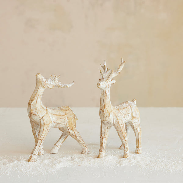 Resin Standing Deer, Whitewashed Carved Wood Finish, 2 Styles