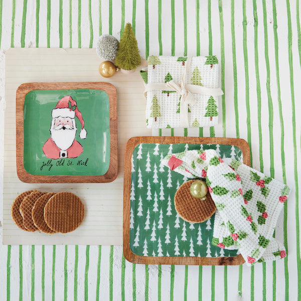 Enameled Mango Wood Trays with Santa/Tree Pattern "Jolly Old St. Nick", Set of 2 ©