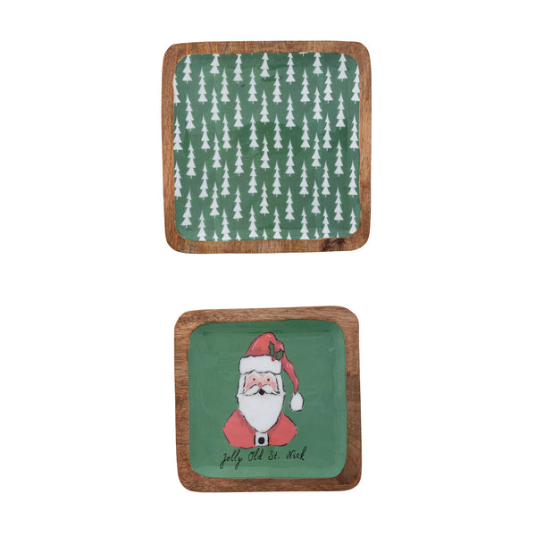 Enameled Mango Wood Trays with Santa/Tree Pattern "Jolly Old St. Nick", Set of 2 ©
