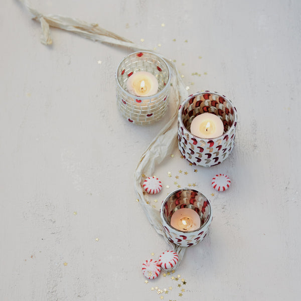 Glass Mosaic Tealight/Votive Holder with Hearts, Red & White