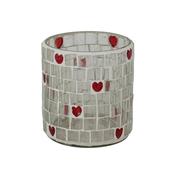 Glass Mosaic Tealight/Votive Holder with Hearts, Red & White