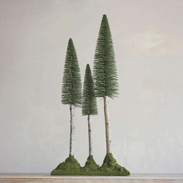 Plastic Bottle Brush Trees with Birch Wood Trunks & Moss Base