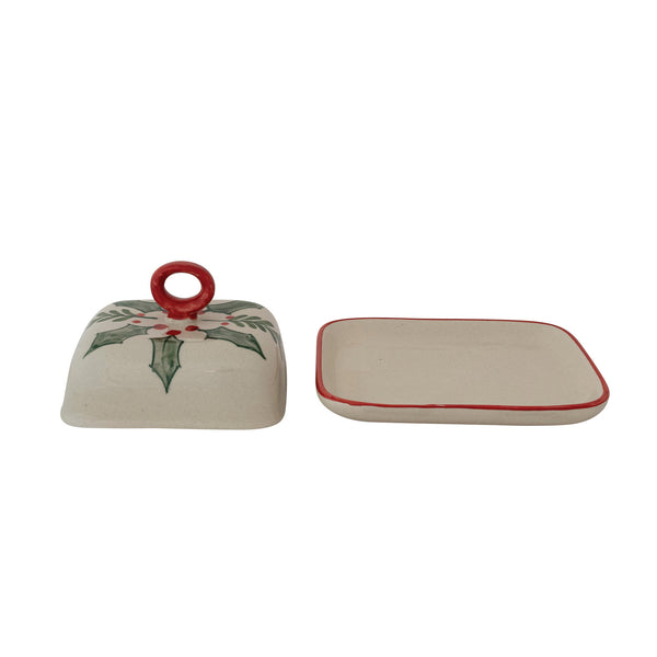 Hand-Painted Stoneware Butter Dish with Colored Rim & Handle (Each One Will Vary)