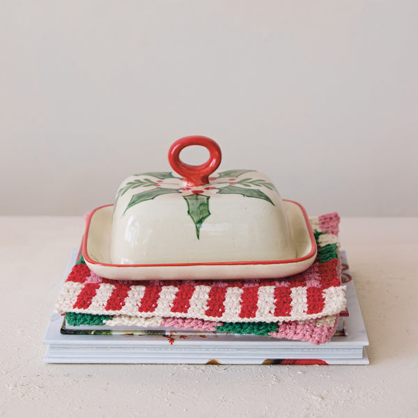 Hand-Painted Stoneware Butter Dish with Colored Rim & Handle (Each One Will Vary)