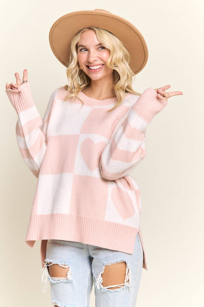 CHECKERED HEART GRAPHIC KNIT SWEATER- LESW4056: IVORY/BLUSH / S-M-L(2-2-2)