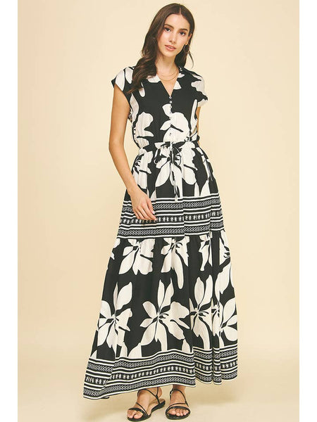 Contrast Floral Tiered Maxi Dress