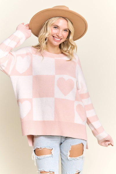 CHECKERED HEART GRAPHIC KNIT SWEATER- LESW4056: IVORY/BLUSH / S-M-L(2-2-2)
