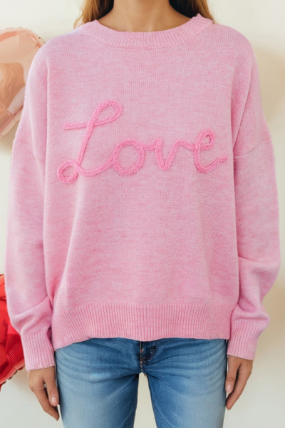 LDC Valentines Corded Love Script Graphic Baggy Sweater: Pink / L