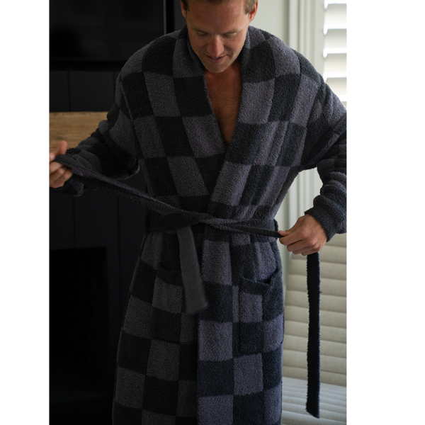 Local Beach Men's Cozy Checker Robe: Gray/Dark Gray / One Size Fits Most