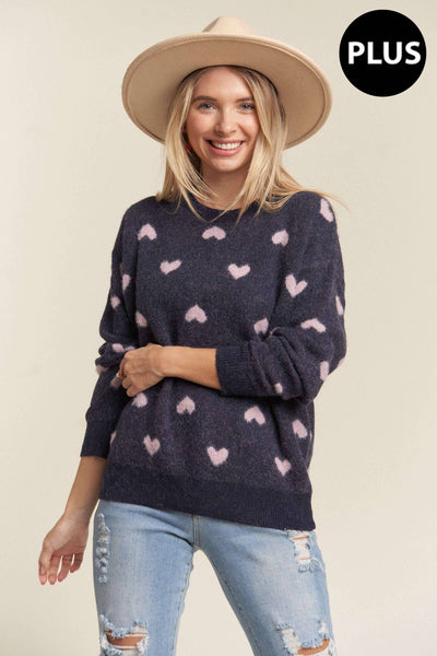 LESW3205X- 2x PLUS SIZE HEART CUTESY SWEATER TOP: NAVY