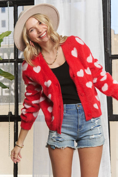 LOVELY HEART FUZZY SWEATER CARDIGAN- LESW3423: RED/IVORY / S-M-L(2-2-2)