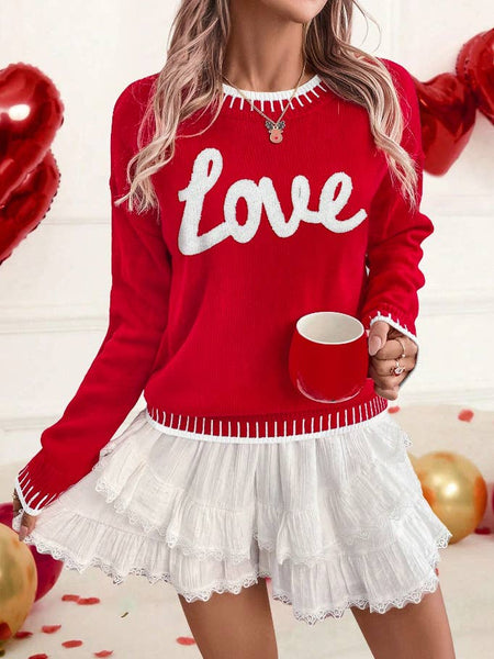 LDC Valentine Love Chenille Letter Graphic Sweater: Fiery Red / M