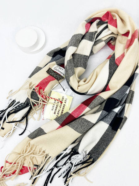 Wool Plaid Cashmere Scarf With Tassel: RED / ONE