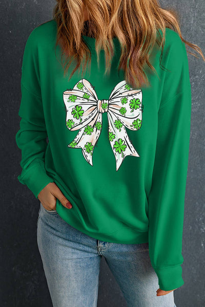 LDC St Patricks Clover Bow Printed Drop Shoulder Sweatshirt: Dark Green / S
