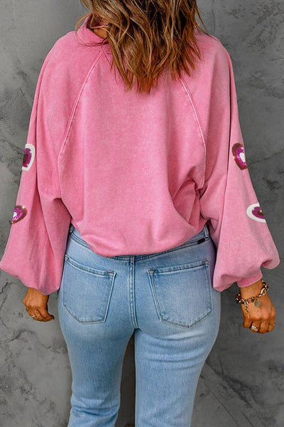 Mineral Wash Sequin Heart Snap Buttons Collared Sweatshirt: Pink / Missy / M