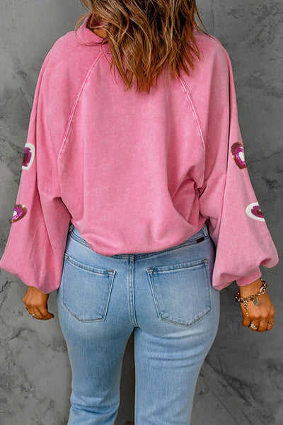 Mineral Wash Sequin Heart Snap Buttons Collared Sweatshirt: Pink / Missy / XL