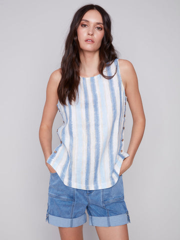 Printed Sleeveless Round Neck Linen Blouse With Side Buttons