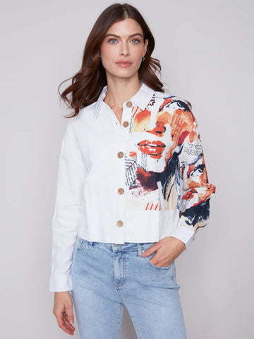 Placement Printed Linen Button Front Long Sleeve Jacket