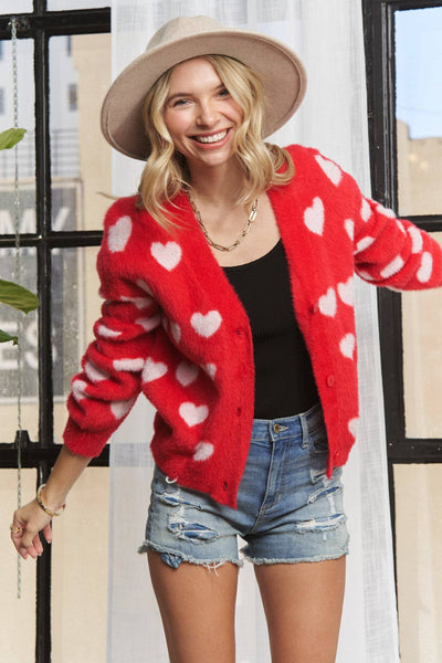 LOVELY HEART FUZZY SWEATER CARDIGAN- LESW3423: RED/IVORY / S-M-L(2-2-2)