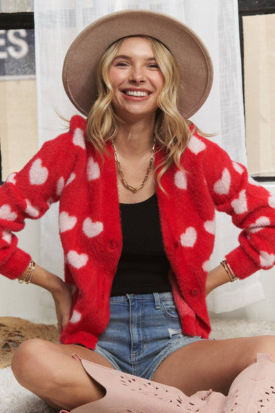LOVELY HEART FUZZY SWEATER CARDIGAN- LESW3423: RED/IVORY / S-M-L(2-2-2)