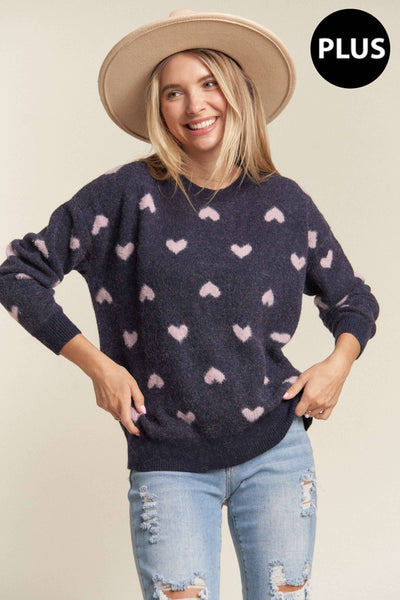 LESW3205X-1x PLUS SIZE HEART CUTESY SWEATER TOP: NAVY