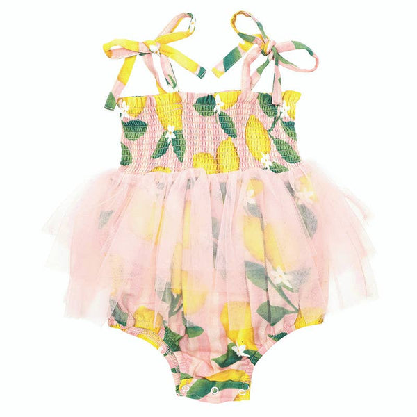 Tutu Bubble Romper - Pink Stripes + Lemons: 6-12 mo