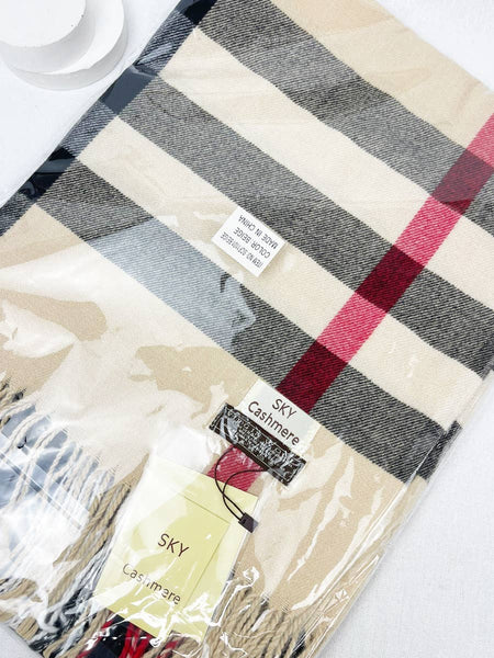 Wool Plaid Cashmere Scarf With Tassel: RED / ONE