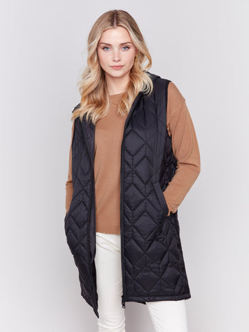 Hooded Long Sleeveless Quilted Vest With Pockets