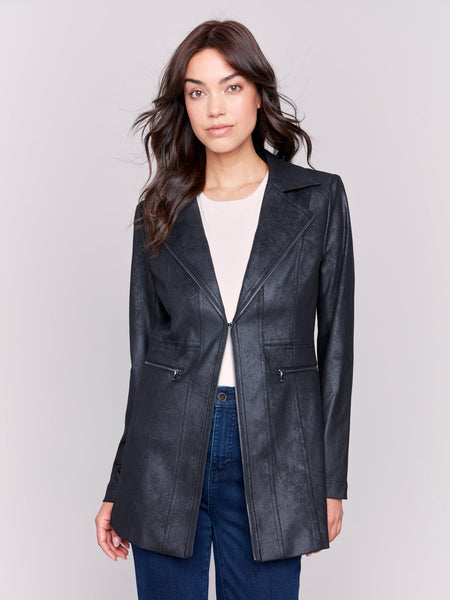 Long Faux Suede Moto Jacket With Zipper