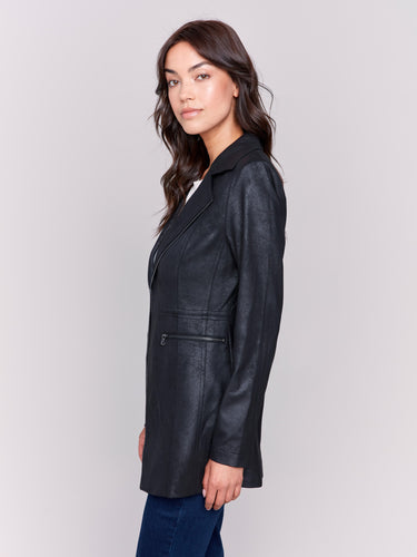 Long Faux Suede Moto Jacket With Zipper